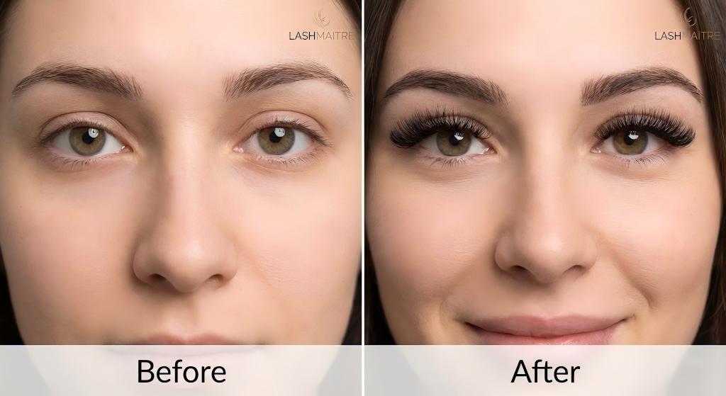 A before and after comparison photograph of a woman's eyes, showing the dramatic transformation from her natural lashes on the left to a fuller, textured look on the right after a LASHMAITRE application of y eyelash extensions.