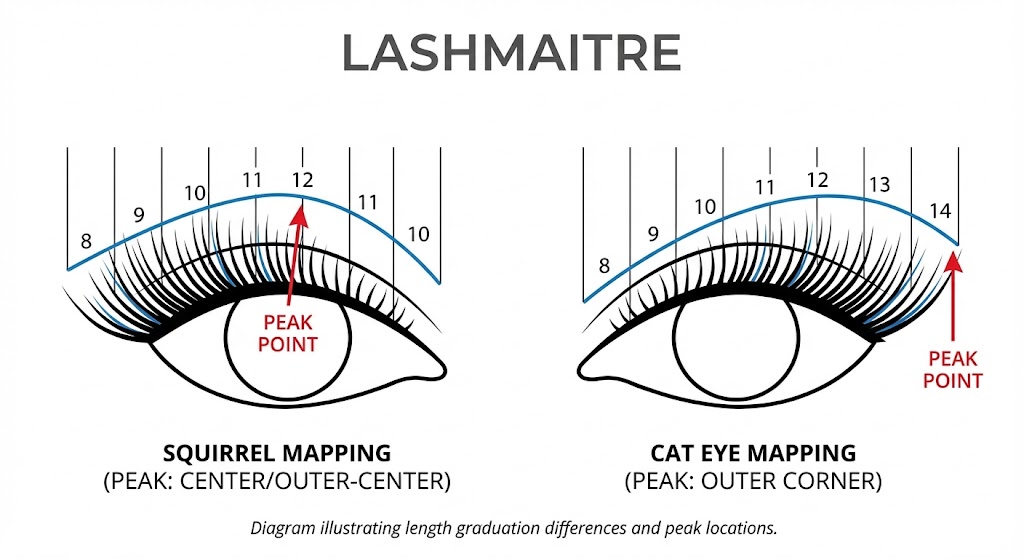 A LASHMAITRE technical diagram illustrating the best mapping for eyelash extensions hooded eyes by comparing peak points: Squirrel Mapping (center/outer-center peak for lift) versus Cat Eye Mapping (outer corner peak which can droop).
