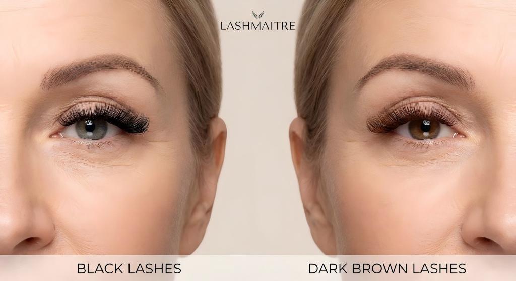 LASHMAITRE before-and-after comparison showing Black Lashes vs. Dark Brown Lashes on a mature client. This visual illustrates the shift toward more natural styling preferences for eyelash extensions Santa Fe demographics, prioritizing softer definition over harsh contrast.