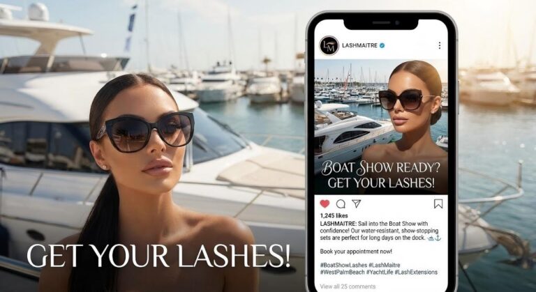 LASHMAITRE social media marketing graphic promoting 'Boat Show Lashes' for the West Palm Beach International Boat Show. Features a model with volume extensions and sunglasses, targeting the luxury yachting lifestyle audience.