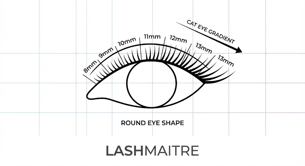 "LASHMAITRE digital illustration of a technical cat eye lash mapping diagram for eyelash extensions for round eyes. The diagram shows a gradient of lengths progressing from 8mm at the inner corner up to 13mm at the outer corner to elongate the round eye shape."