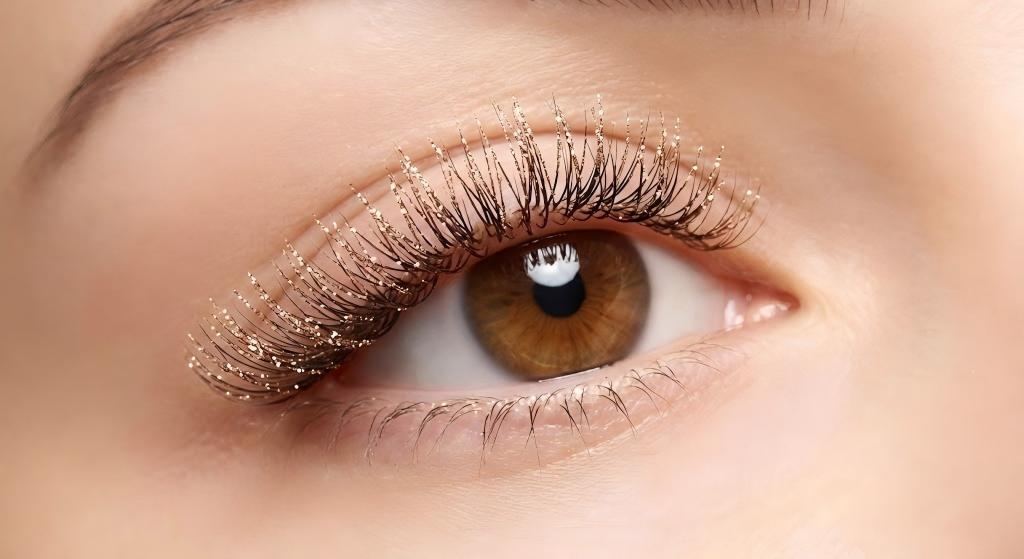A macro photograph demonstrating the elegant styling of champagne glitter eyelash extensions suitable for everyday wear, showing subtle sparkle under studio light on a brown eye.