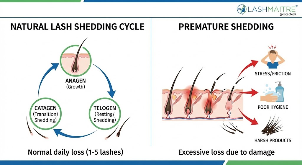LASHMAITRE educational chart comparing the natural lash shedding cycle (Anagen, Catagen, Telogen phases) with premature shedding caused by damage. This visual aid is key to understanding the lash cycle to learn how to prolong eyelash extensions by avoiding unhealthy habits.