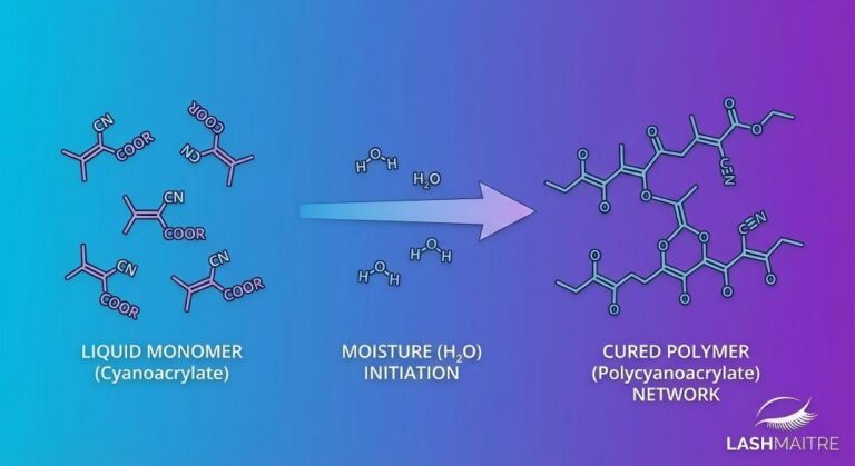 LASHMAITRE diagram illustrating the chemical curing process of cyanoacrylate eyelash extension glue, showing how moisture initiates polymerization from liquid monomer to solid polymer network, which can release fumes that cause an allergic reaction in some clients.
