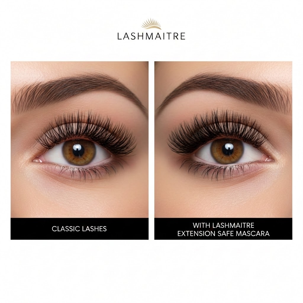 A side-by-side comparison showing a model with LASHMAITRE Classic lashes on the left, versus the bolder, more dramatic effect of safely applying oil-free mascara on eyelash extensions on the right.