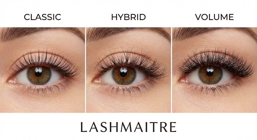 "LASHMAITRE style guide for eyelash extensions before and after photos showing density differences between Classic (natural), Hybrid (textured), and Volume (dense) lash sets."