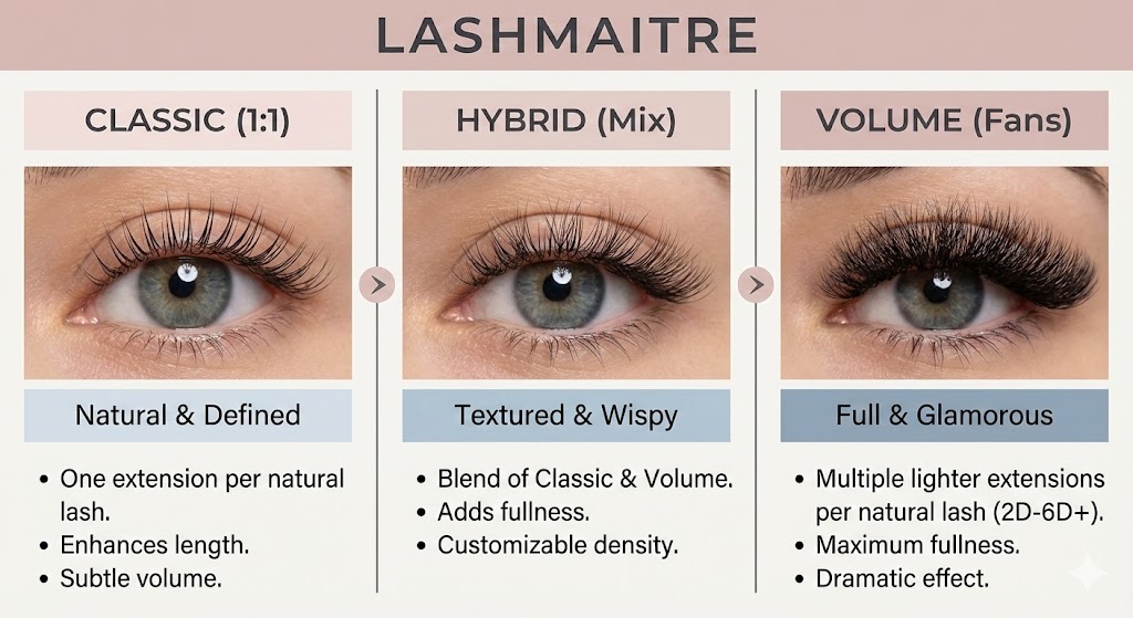"LASHMAITRE infographic chart designed for beginners choosing a style for eyelash extensions for the first time, visually comparing the natural 'Classic', textured 'Hybrid', and glamorous 'Volume' lash sets with photo examples and key details."