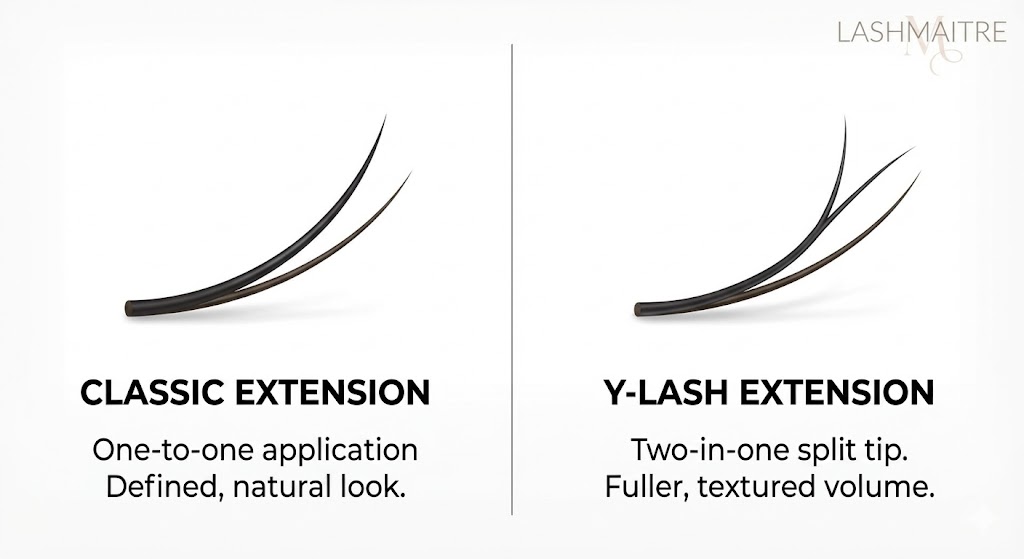 LASHMAITRE infographic comparing the structure and effect of Classic Extensions versus Y Eyelash Extensions. The diagram shows a single Classic lash for a defined look, contrasted with a Y-shaped Y-Lash extension that splits into two tips for fuller, textured volume, both applied to a single natural lash.