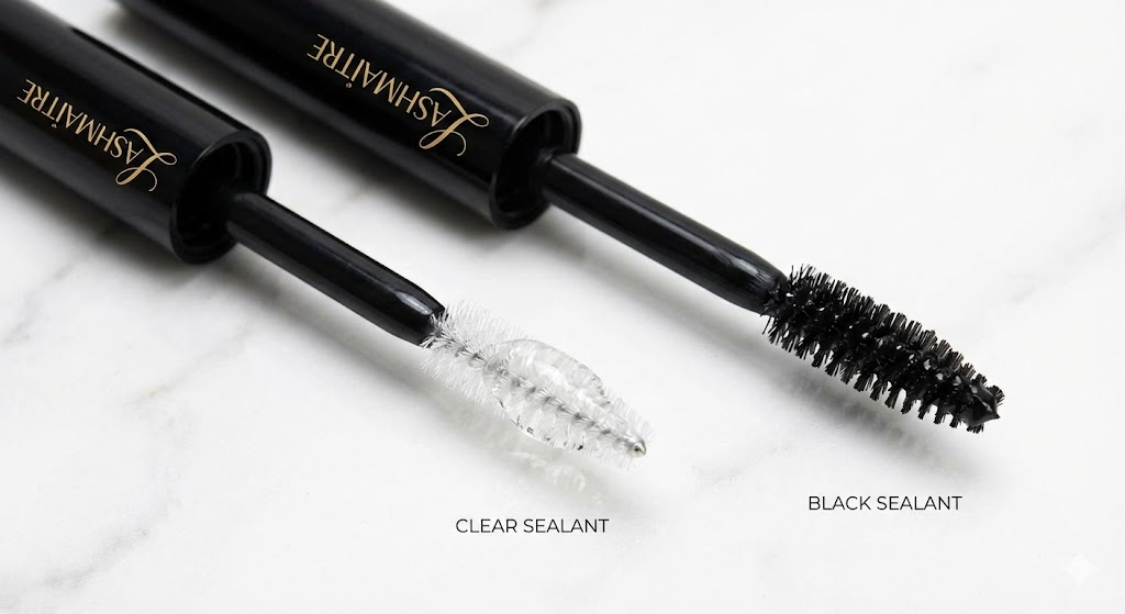 LASHMAITRE side-by-side comparison of Clear vs. Black eyelash sealant for extensions on applicator wands. Shows the transparent liquid formula versus the pigmented black formula for different styling needs.