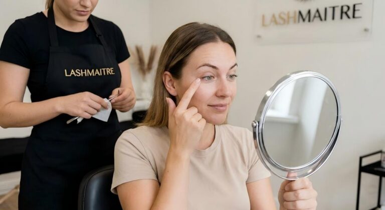 A client at the LASHMAITRE salon looks into a handheld mirror, inspecting the condition of her natural lashes immediately after eyelash extensions are removed by the professional technician standing in the background.