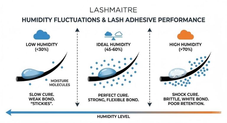 A LASHMAITRE technical diagram illustrating the climate challenges for eyelash extensions in Fayetteville AR salons, showing how fluctuating humidity levels (low vs. high) cause adhesive failure compared to the ideal cure zone.
