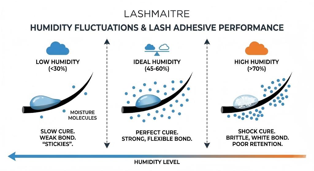 A LASHMAITRE technical diagram illustrating the climate challenges for eyelash extensions in Fayetteville AR salons, showing how fluctuating humidity levels (low vs. high) cause adhesive failure compared to the ideal cure zone.