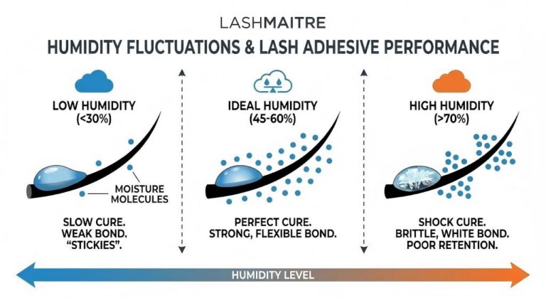 A LASHMAITRE technical diagram illustrating the climate challenges for eyelash extensions in Grand Rapids MI salons, showing how fluctuating humidity levels (low vs. high) cause adhesive failure compared to the ideal cure zone.