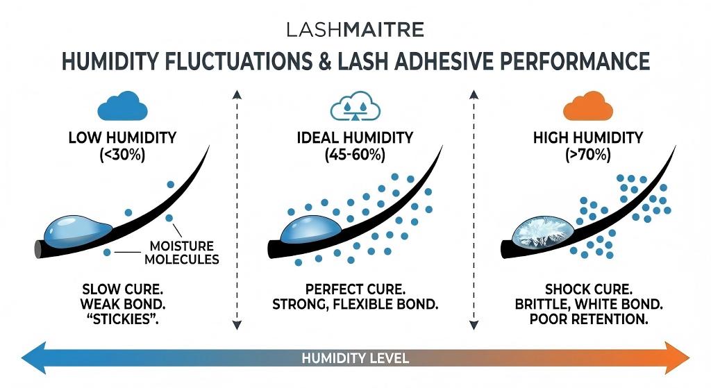 A LASHMAITRE technical diagram illustrating the climate challenges for eyelash extensions in Grand Rapids MI salons, showing how fluctuating humidity levels (low vs. high) cause adhesive failure compared to the ideal cure zone.
