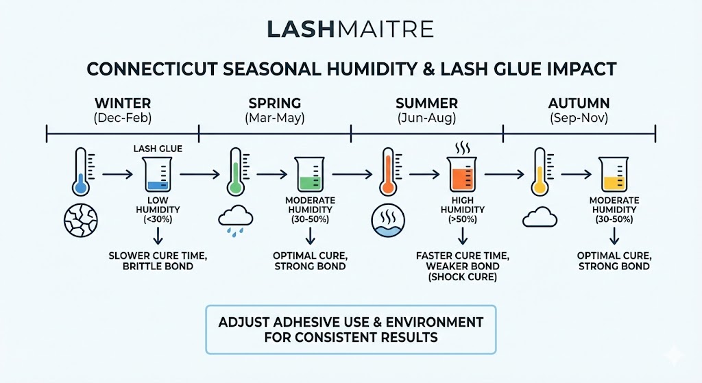 "LASHMAITRE infographic diagram illustrating the impact of Connecticut's seasonal humidity changes on lash glue performance, emphasizing the necessity of proper climate control for eyelash extensions in Fairfield, CT salons for optimal retention."
