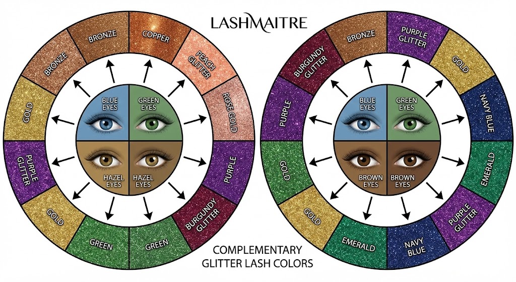 A LASHMAITRE color theory chart guiding clients and artists on selecting the best complementary colors for glitter eyelash extensions. The guide matches blue, green, hazel, and brown eye tones with contrasting glitter shades like bronze, purple, and gold to enhance natural eye color.