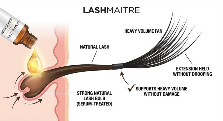 LASHMAITRE diagram illustrating a serum-treated lash bulb supporting a heavy volume fan, visually explaining why combining growth serums like Latisse and eyelash extensions creates a stronger foundation for retention and health.