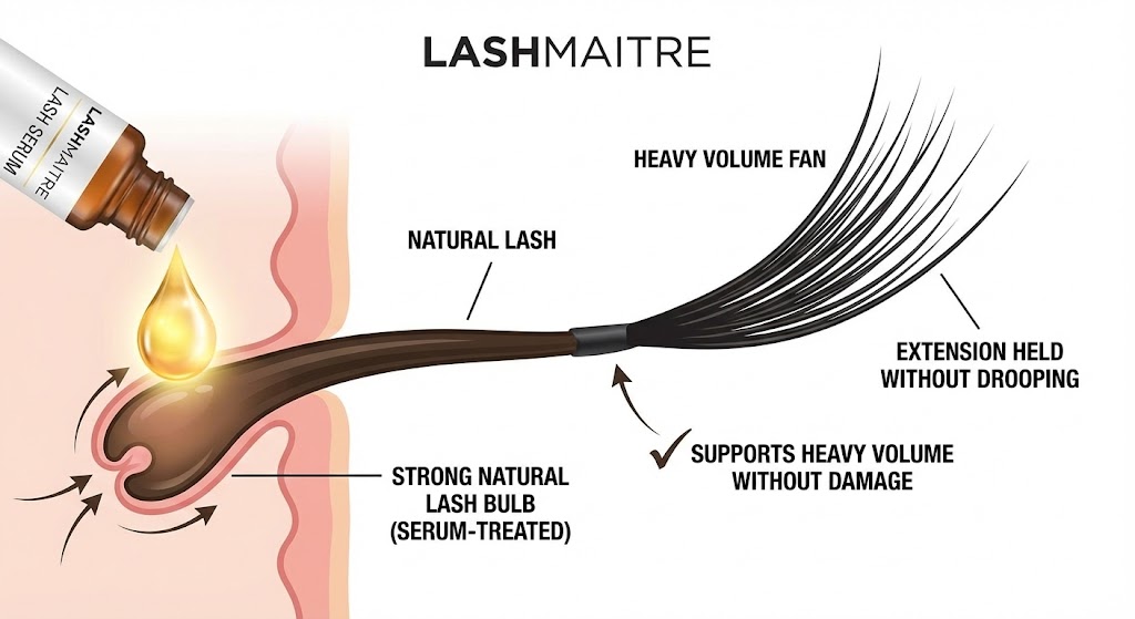 LASHMAITRE diagram illustrating a serum-treated lash bulb supporting a heavy volume fan, visually explaining why combining growth serums like Latisse and eyelash extensions creates a stronger foundation for retention and health.