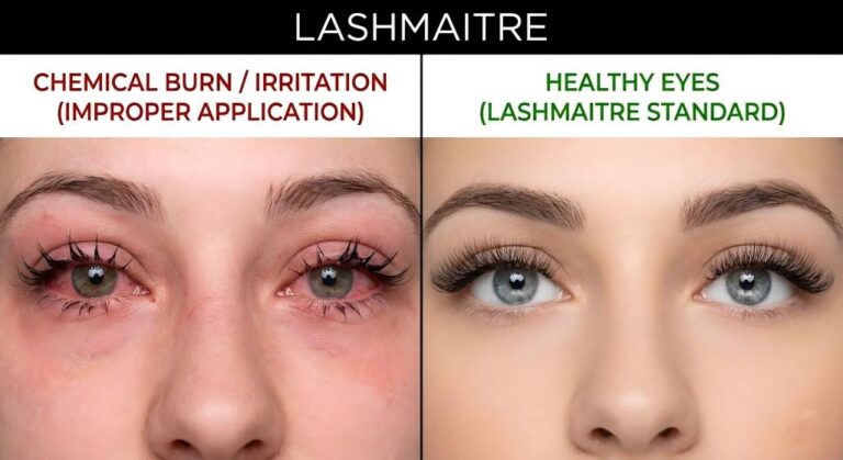 A LASHMAITRE comparison image showing bloodshot eyes eyelash extensions caused by chemical burns from improper application on the left, versus healthy, clear eyes with LASHMAITRE standard extensions on the right.