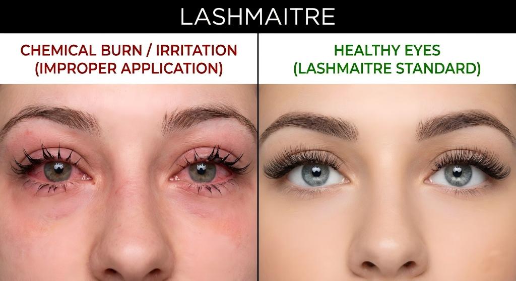 A LASHMAITRE comparison image showing bloodshot eyes eyelash extensions caused by chemical burns from improper application on the left, versus healthy, clear eyes with LASHMAITRE standard extensions on the right.