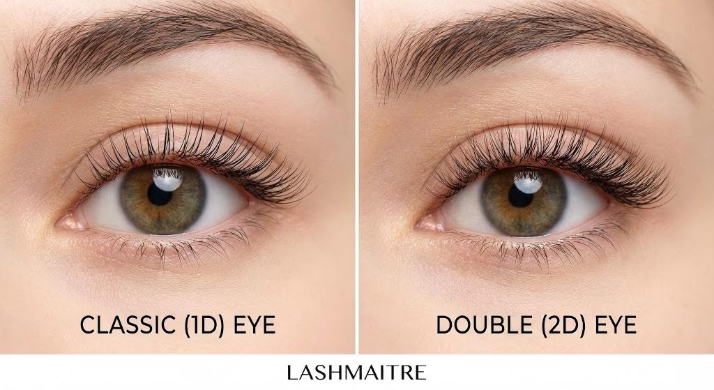 "LASHMAITRE split-screen comparison of classic vs eyelash extension double volume set. The left side shows a Classic (1D) eye with a natural 1:1 lash ratio, while the right side displays a Double (2D) eye with increased fluffiness and subtle density using two extensions per natural lash."