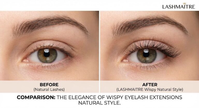 A before and after comparison photograph detailing the elegance of wispy eyelash extensions natural style by LASHMAITRE. The left panel shows short natural lashes, and the right panel shows longer, curled, and defined wispy extensions that maintain a natural look.