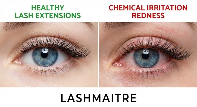 A LASHMAITRE split-screen comparison photograph. The left panel shows a clear, healthy eye with extensions, contrasting sharply with the right panel showing significant scleral redness and watering due to chemical eyelash extension irritation.