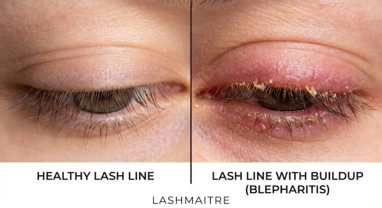 "LASHMAITRE educational split-screen showing a comparison of healthy lashes and eyelash extension infection signs, featuring a clean eyelid on the left and a lash line with yellowish buildup and inflammation indicative of Blepharitis on the right."