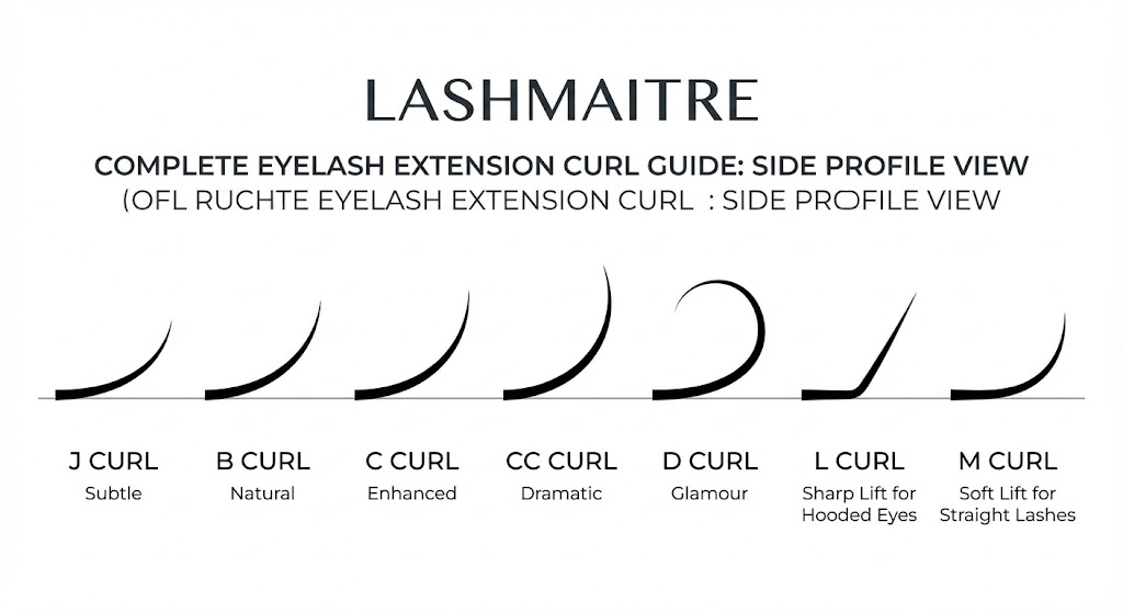 "LASHMAITRE complete eyelash extension curl chart for professional stylists showing side profiles of J, B, C, CC, D, L, and M curls, including specialized L-curls for hooded eyes and M-curls for a soft lift on straight lashes."