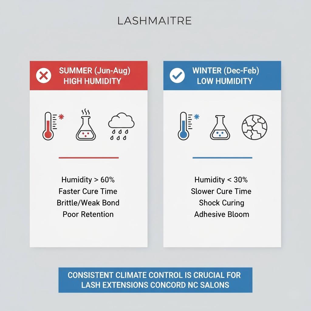 "LASHMAITRE infographic detailing summer and winter climate challenges for eyelash extensions concord nc salons, comparing high humidity vs low humidity effects on lash adhesive performance."