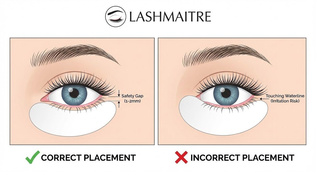 A LASHMAITRE diagram illustrating correct versus incorrect under-eye pad placement. The correct method shows a safety gap to prevent irritation, while the incorrect method touches the waterline, a common cause of bloodshot eyes eyelash extensions.