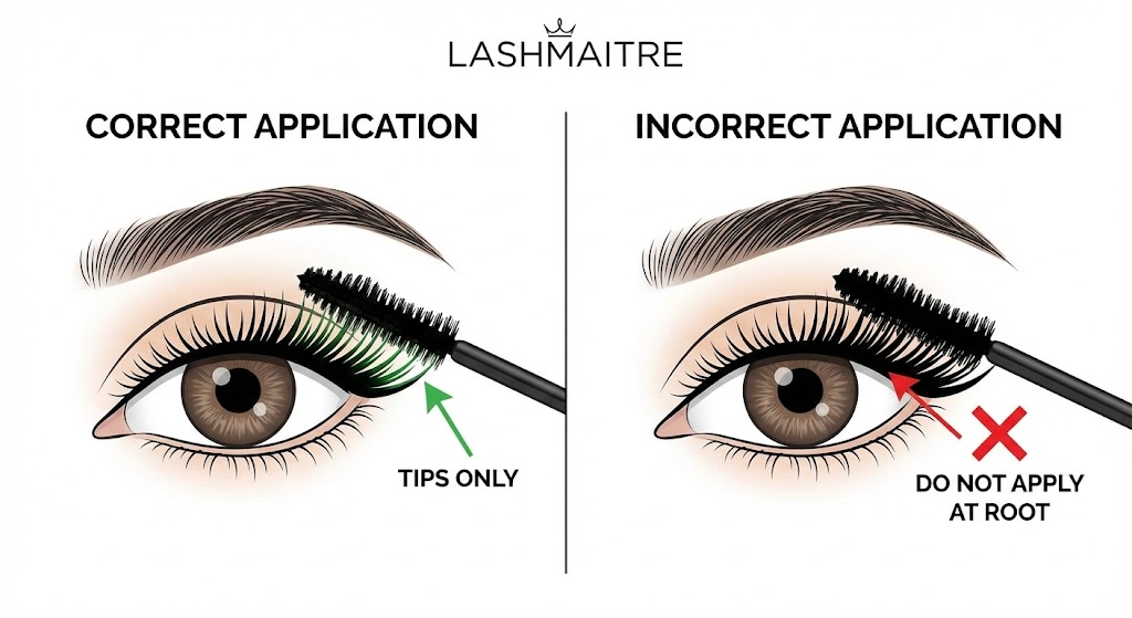 LASHMAITRE diagram illustrating the correct application of mascara on eyelash extensions. The left panel shows a green arrow pointing to "TIPS ONLY" for safe application, while the right panel warns with a red X and text "DO NOT APPLY AT ROOT" to protect extension bonds. A guide for lash extension aftercare.
