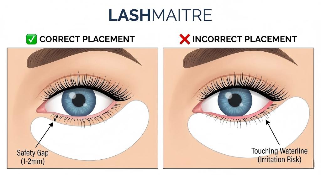 LASHMAITRE diagram illustrating correct eye pad placement with a safety gap versus incorrect placement touching the waterline, a key factor in preventing bloodshot eyes after eyelash extensions.