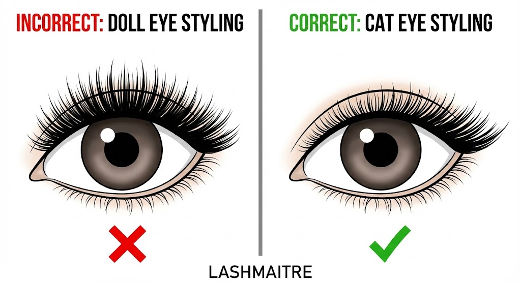 "LASHMAITRE educational infographic illustrating a comparison of correct vs incorrect eyelash extensions for round eyes mapping. The left panel shows 'Doll Eye Styling' marked with a red X, demonstrating how it exaggerates roundness. The right panel shows 'Cat Eye Styling' marked with a green checkmark, demonstrating how it correctly elongates the eye shape."