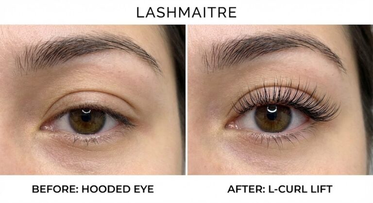 "LASHMAITRE before and after comparison showing correcting hooded eyes using the L-Curl from the eyelash extension curl chart. The 'Before' image displays a natural hooded eye, while the 'After' image reveals a significant lift and open-eye effect achieved with L-Curl lash extensions."