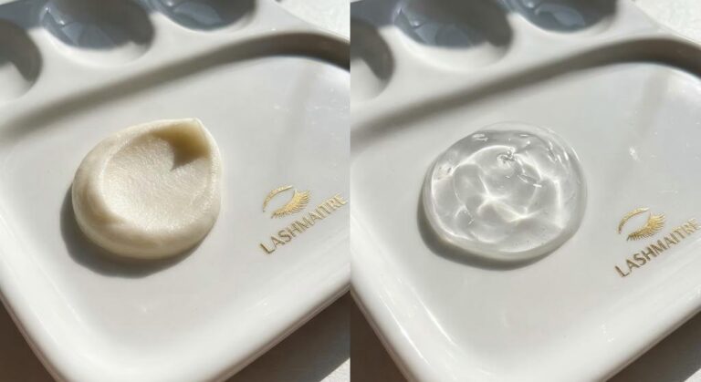 A side-by-side texture comparison on a LASHMAITRE palette showing a thick, opaque cream eyelash remover on the left, designed to safely remove eyelash extensions home, versus a clear, runnier gel remover on the right.