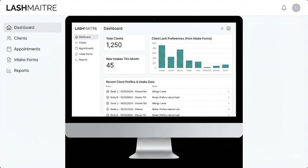 "LASHMAITRE CRM dashboard on a computer monitor, illustrating the process of using eyelash extension intake form data for marketing analytics. The screen displays charts for 'Client Lash Preferences,' metrics for 'Total Clients (1,250)', and a list of recent client profiles including allergy alerts and style notes."