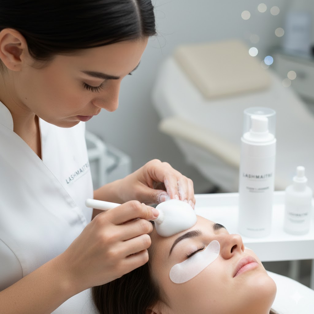 "A professional lash artist using LASHMAITRE foam cleanser and a soft brush to perform a lash bath cleaning routine to prevent eyelash extension infection, ensuring a hygienic and healthy lash line for the client."