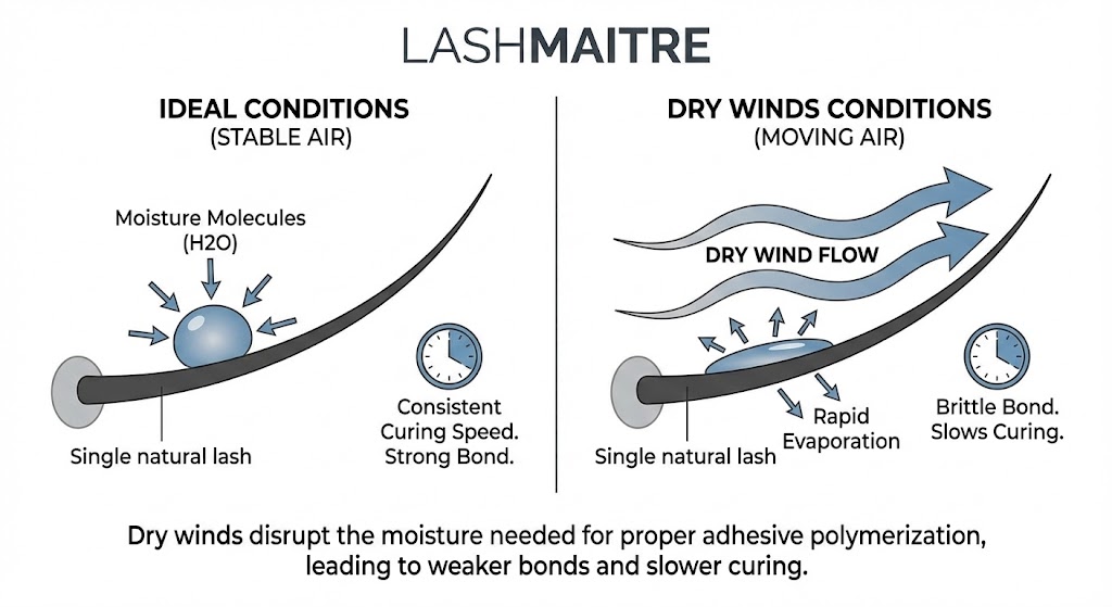A LASHMAITRE technical diagram illustrating the challenge of dealing with Santa Ana winds for eyelash extensions in Santa Ana, showing how dry, moving wind flow causes rapid evaporation and brittle adhesive bonds.