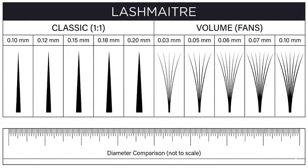 "LASHMAITRE detailed eyelash extension size guide showing diameter comparisons for classic and volume lashes. The chart displays classic lash diameters from 0.10mm to 0.20mm (1:1 application) and volume lash diameters from 0.03mm to 0.10mm (multiple fans), with a ruler at the bottom for visual scale."