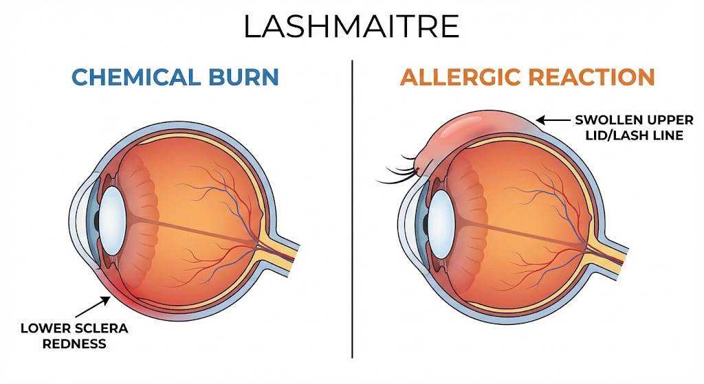 A LASHMAITRE medical diagram comparing the visual symptoms of a chemical burn in eye from eyelash extensions (showing lower sclera redness on the left) versus an allergic reaction (showing a swollen upper lid/lash line on the right).