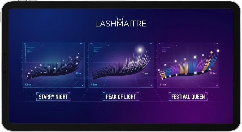 A LASHMAITRE digital lash mapping guide displayed on a tablet screen, illustrating three technical placement techniques for designing creative glitter eyelash extensions styles labeled 'Starry Night', 'Peak of Light', and 'Festival Queen'.
