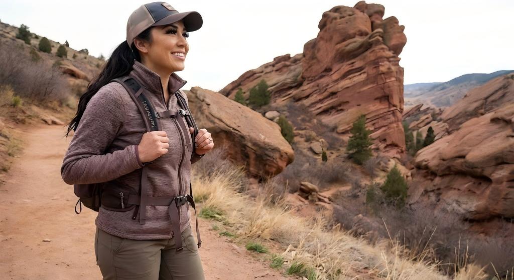 A fit woman hiking in Red Rocks Park wearing LASHMAITRE durable eyelash extensions Littleton styling, demonstrating how our lashes stay flawless during outdoor workouts and active lifestyles.