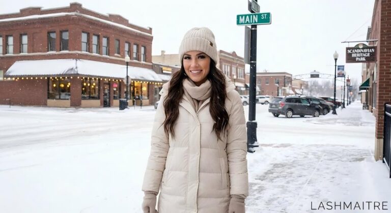 A stylish woman wearing winter gear standing in snowy downtown near Main St, showcasing durable eyelash extensions Minot ND for winter climates that withstand wind and snow.