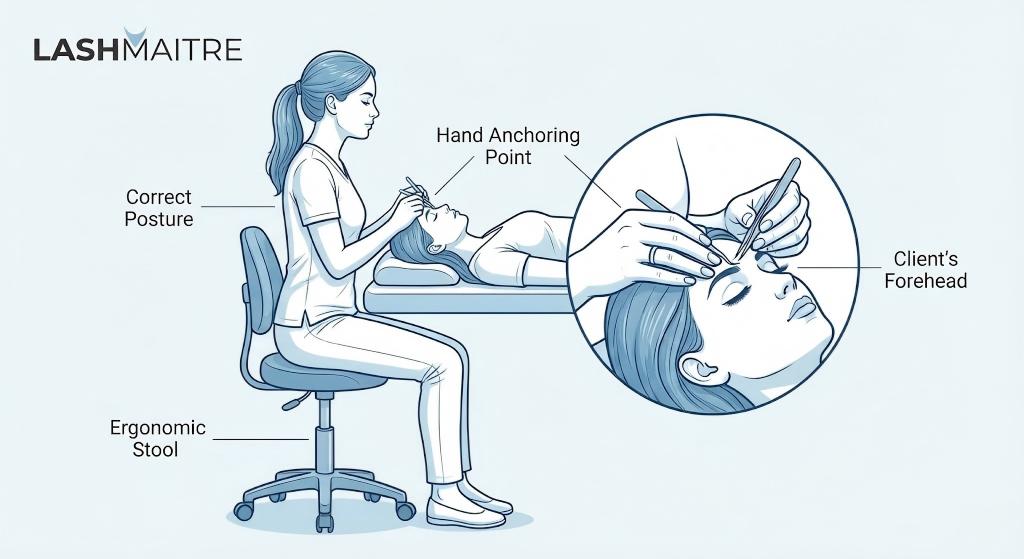Educational diagram branded by LASHMAITRE illustrating correct ergonomic posture, an ergonomic stool, and proper hand anchoring for a lash artist—essential physical safety techniques often missing from a standard free eyelash extension course.