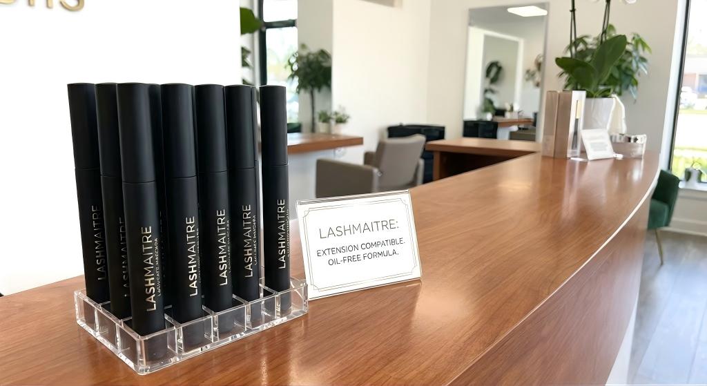 Salon retail display featuring LASHMAITRE extension-compatible mascara tubes and a sign, explicitly answering the question: can I put mascara on eyelash extensions?