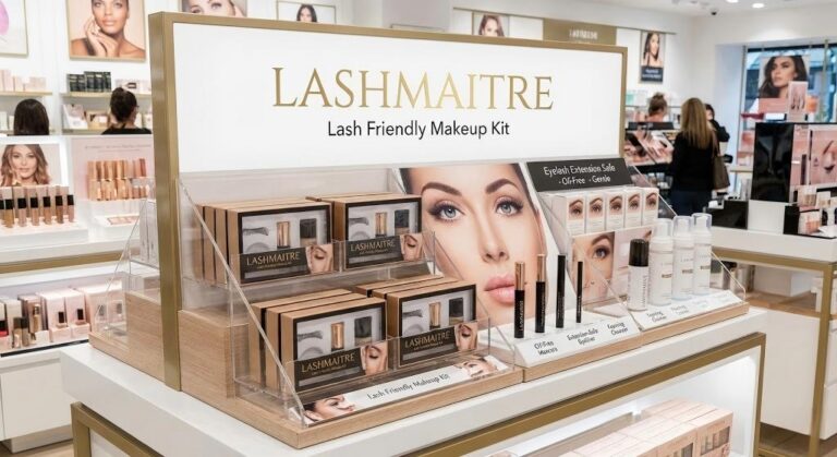 LASHMAITRE "Lash Friendly Makeup Kit" retail display for salons, featuring extension-safe oil-free eyeliner, mascara, and cleanser bundles designed to protect eyelash retention.