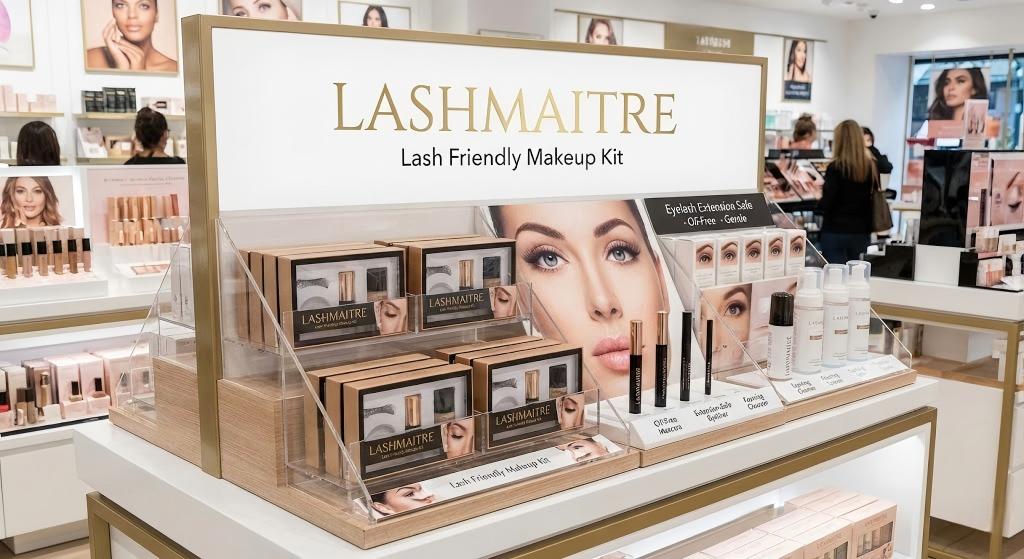 LASHMAITRE "Lash Friendly Makeup Kit" retail display for salons, featuring extension-safe oil-free eyeliner, mascara, and cleanser bundles designed to protect eyelash retention.