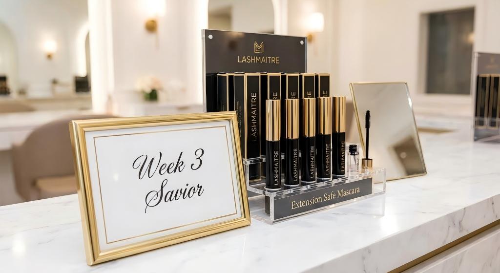 A retail counter display for LASHMAITRE "Extension Safe Mascara" on a marble surface. A gold-framed sign next to the product stand reads "Week 3 Savior," indicating its use for refreshing eyelash extensions between appointments.