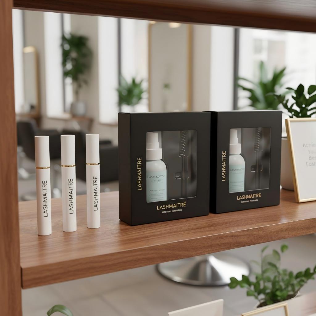 Salon retail display featuring extension-safe LASHMAITRE eyelash serums and aftercare cleansing kits, explicitly answering the question: can I use eyelash serum with extensions?